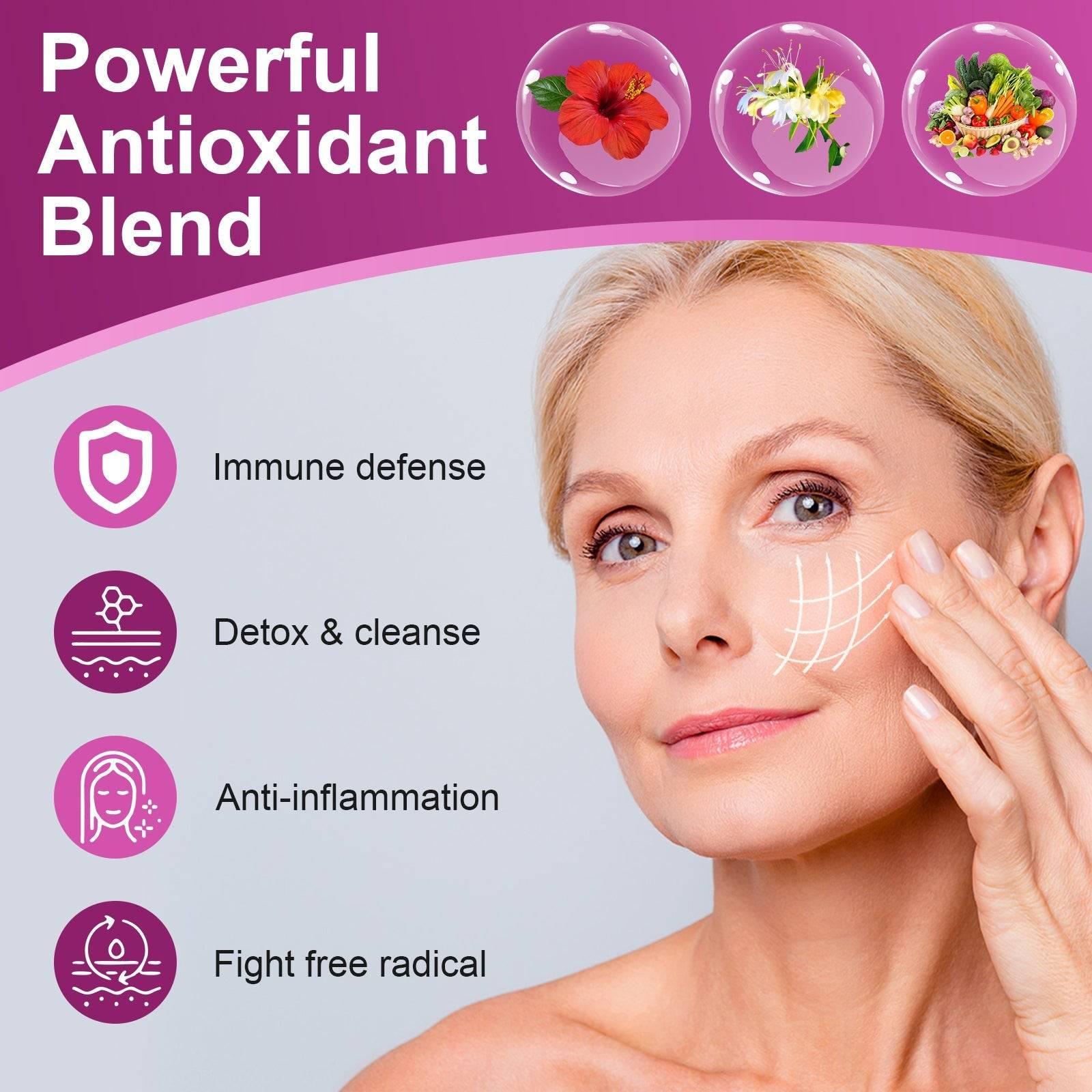 Advertisement for a skincare product with a woman touching her face, featuring text about antioxidants and their benefits.