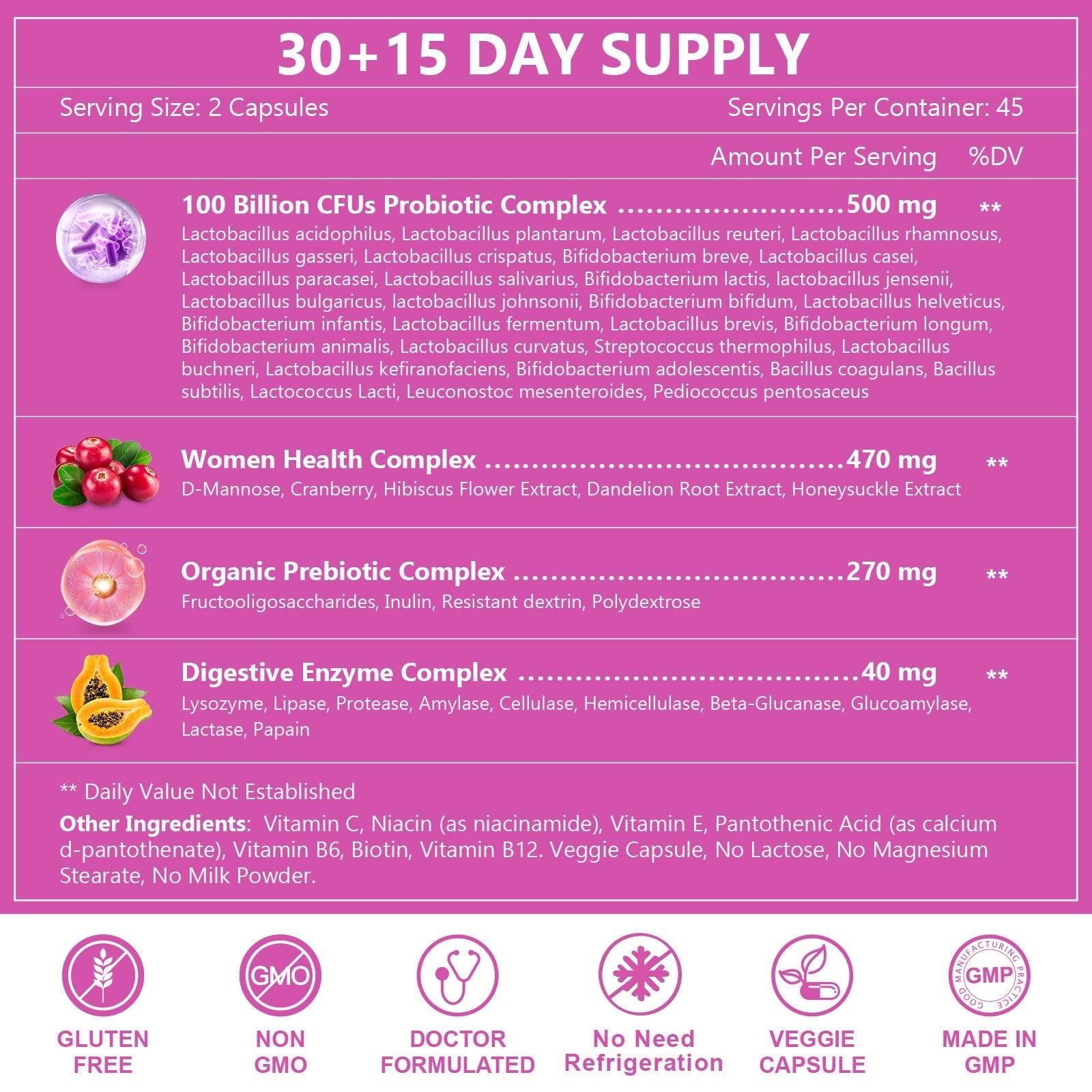 Supplement label with detailed information on ingredients and benefits on a pink background