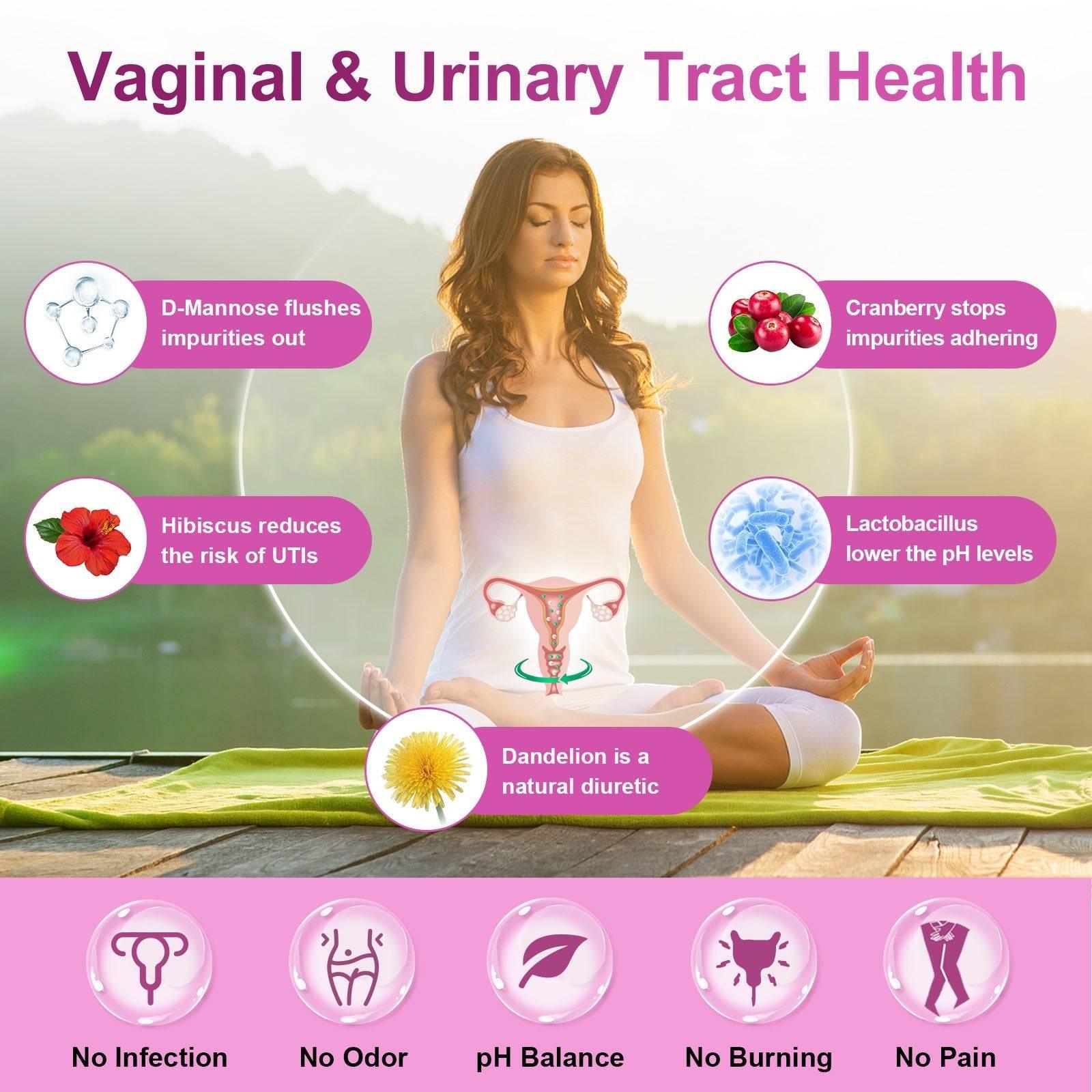 Woman meditating with health benefits of herbs on a pink background