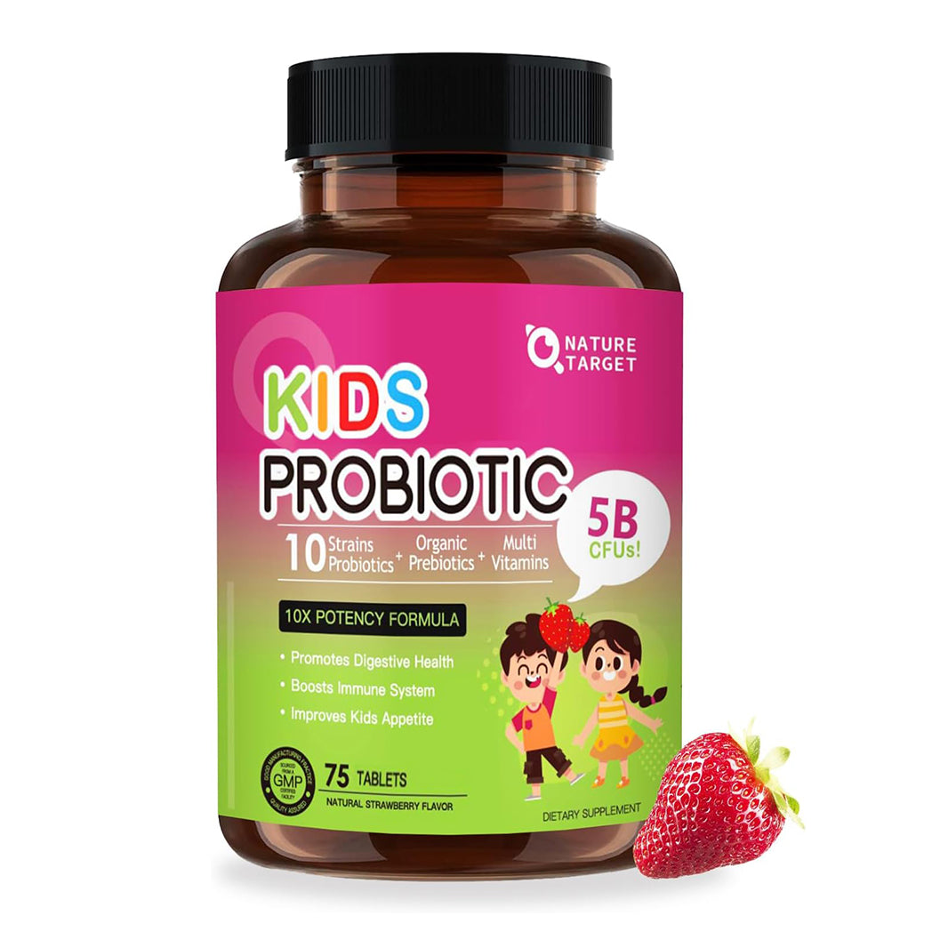 Brown supplement bottle with pink label for kids probiotics on a white background