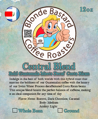 Blonde Bastard Coffee Roasters Central Blend coffee packaging with character illustration and text.