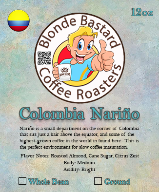 Blonde Bastard Coffee Roasters Colombia Nariño coffee package with branding and product details.