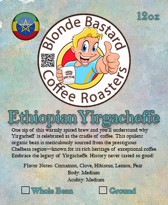 Blonde Bastard Coffee Roasters Ethiopian Yirgacheffe coffee package with cartoon character and product details.
