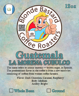 Blonde Bastard Coffee Roasters Guatemala LA Morena Cubulco coffee package with cartoon character and label details.