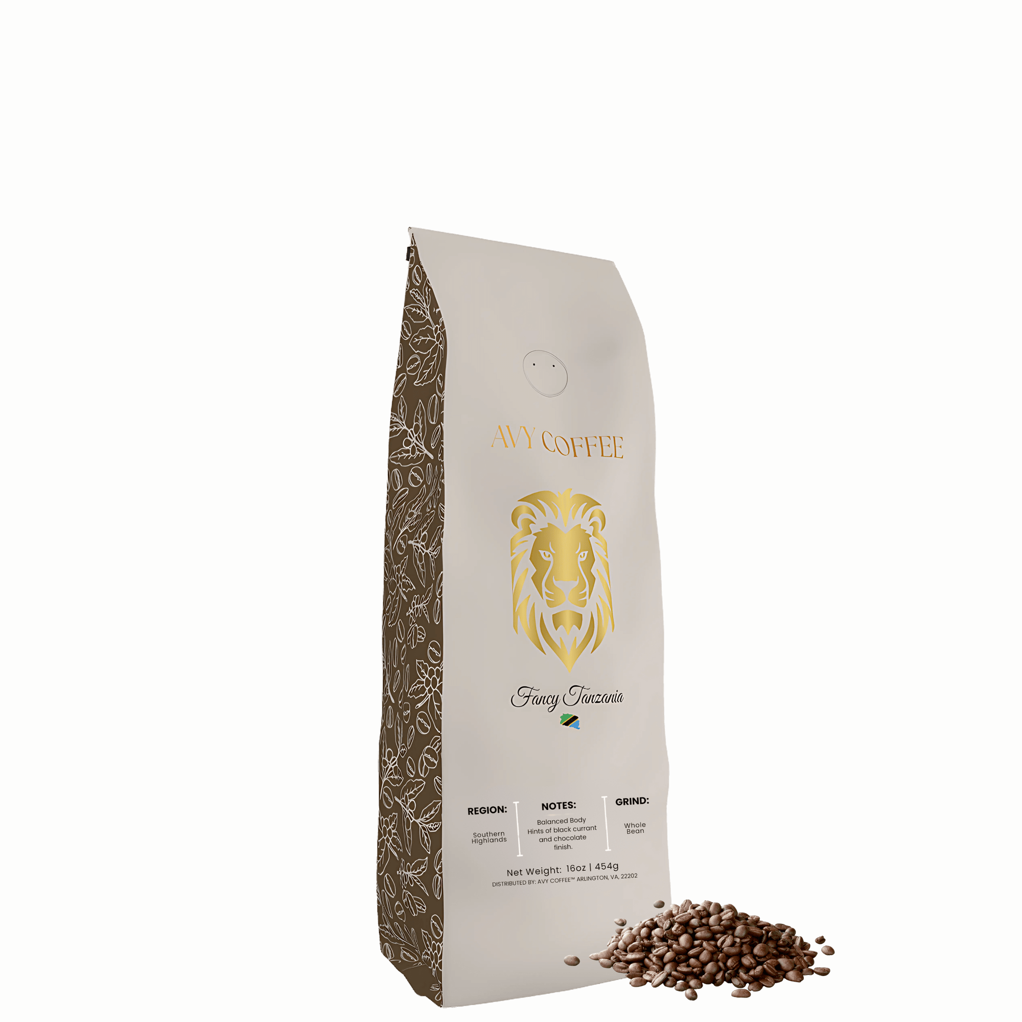 Coffee bag with lion logo and coffee beans on a gray background