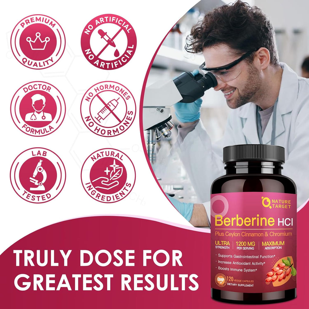 Supplement bottle with a scientist in a lab, icons indicating qualities, and text about dosing.