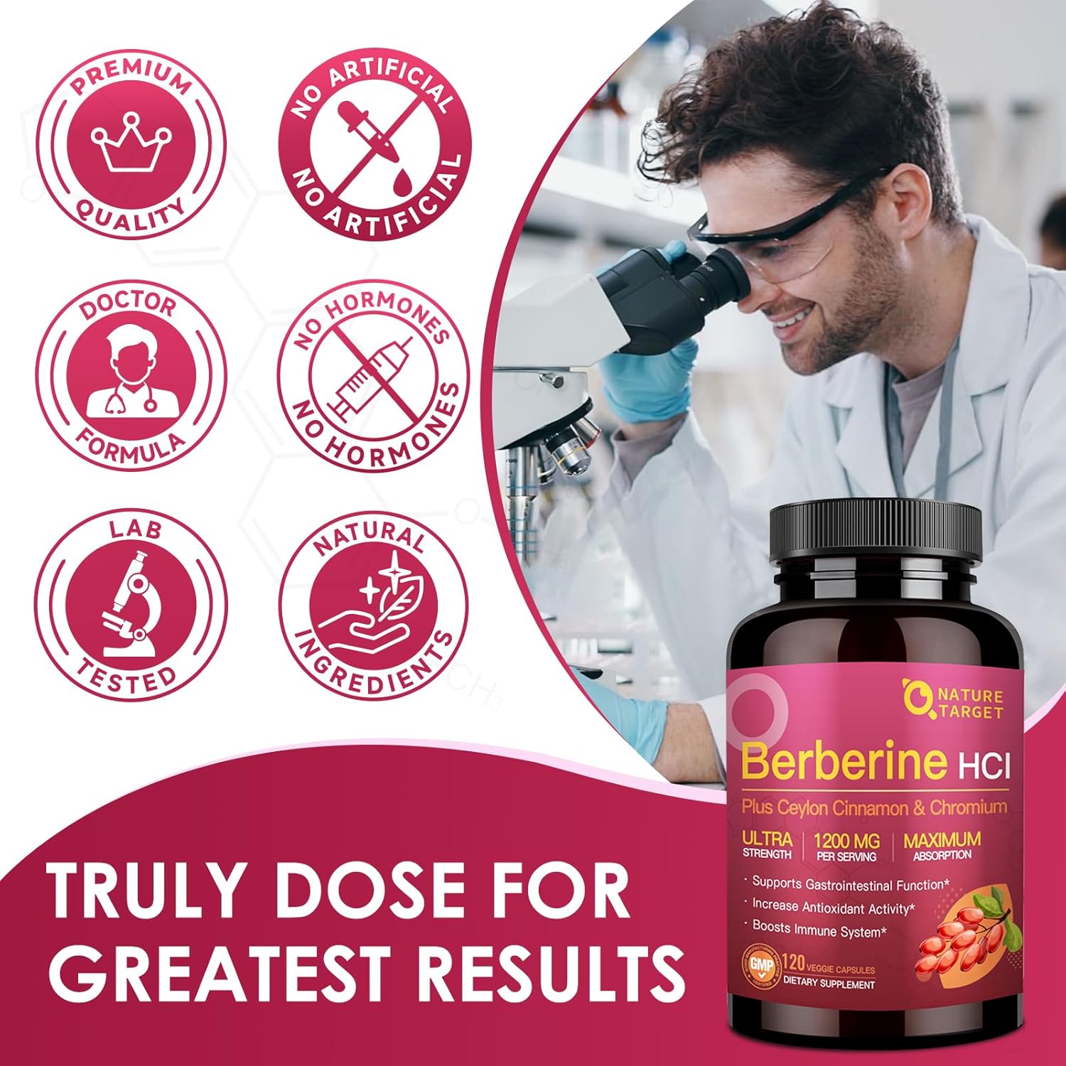 Supplement bottle with a scientist in a lab, icons indicating qualities, and text about dosing.