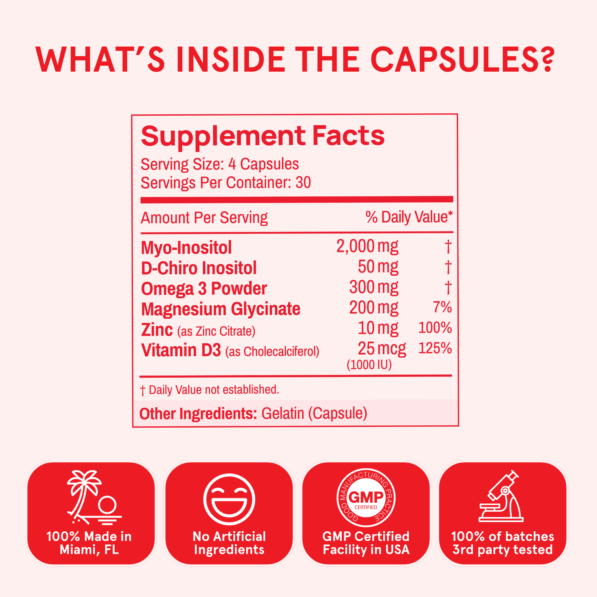 Supplement facts label with various health benefits and certifications on a red background