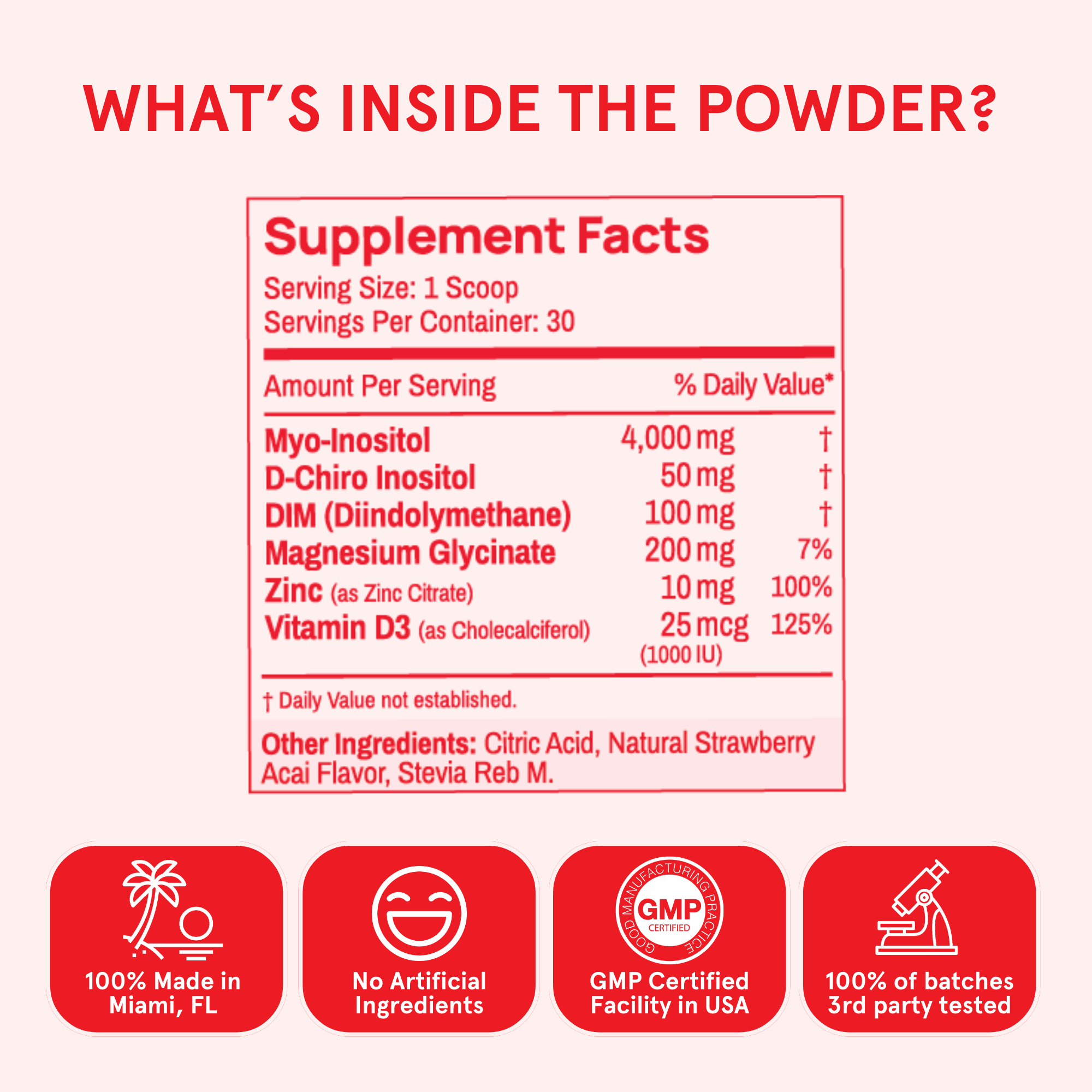 Supplement facts label with ingredients and certifications on a red background