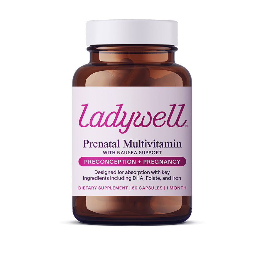 Brown supplement bottle labeled 'ladywell Prenatal Multivitamin' on a white background