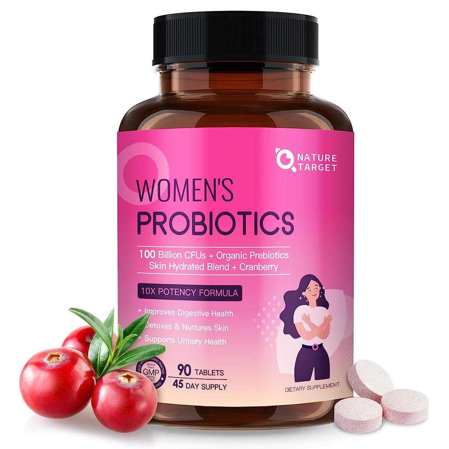 Bottle of Nature Target Women's Probiotics with cranberries on a white background