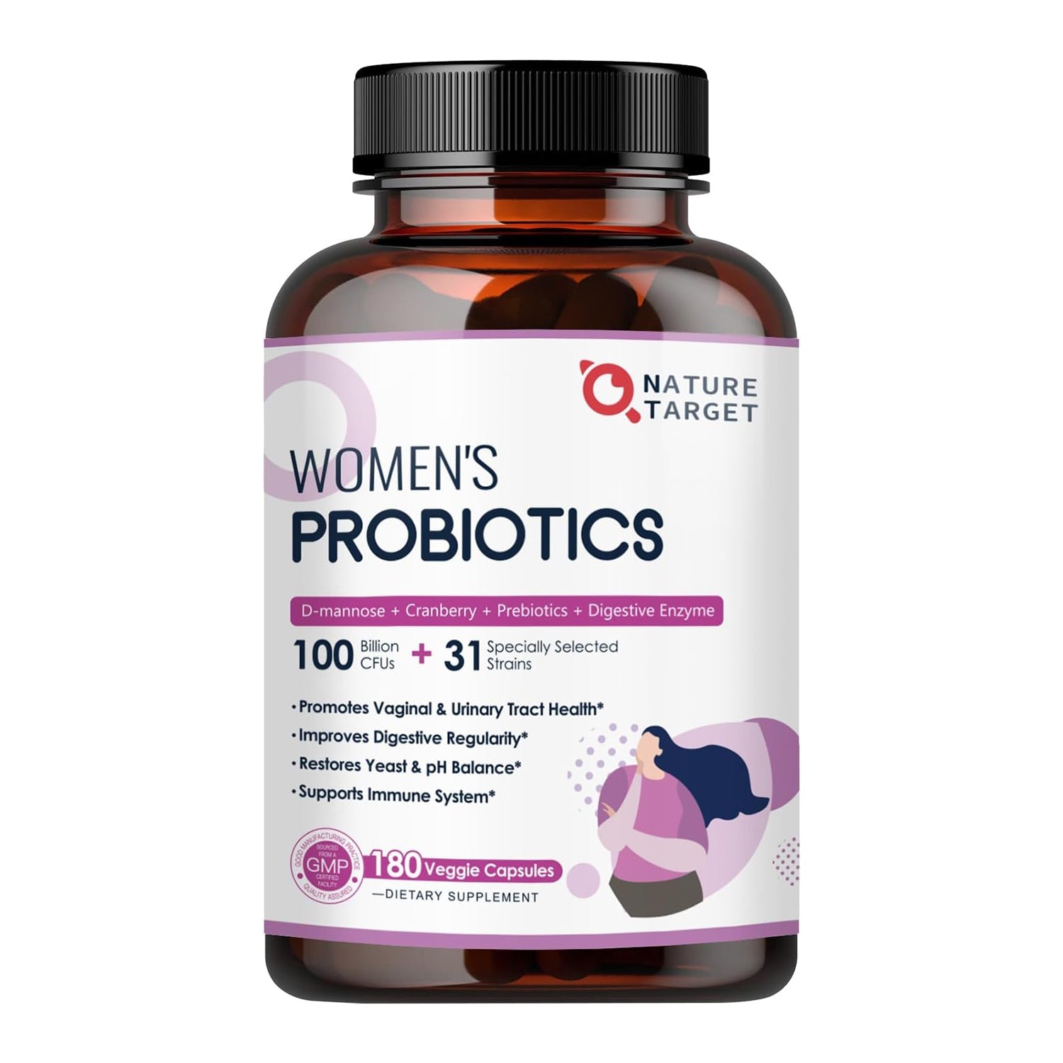 Bottle of Nature Target Women's Probiotics on a white background