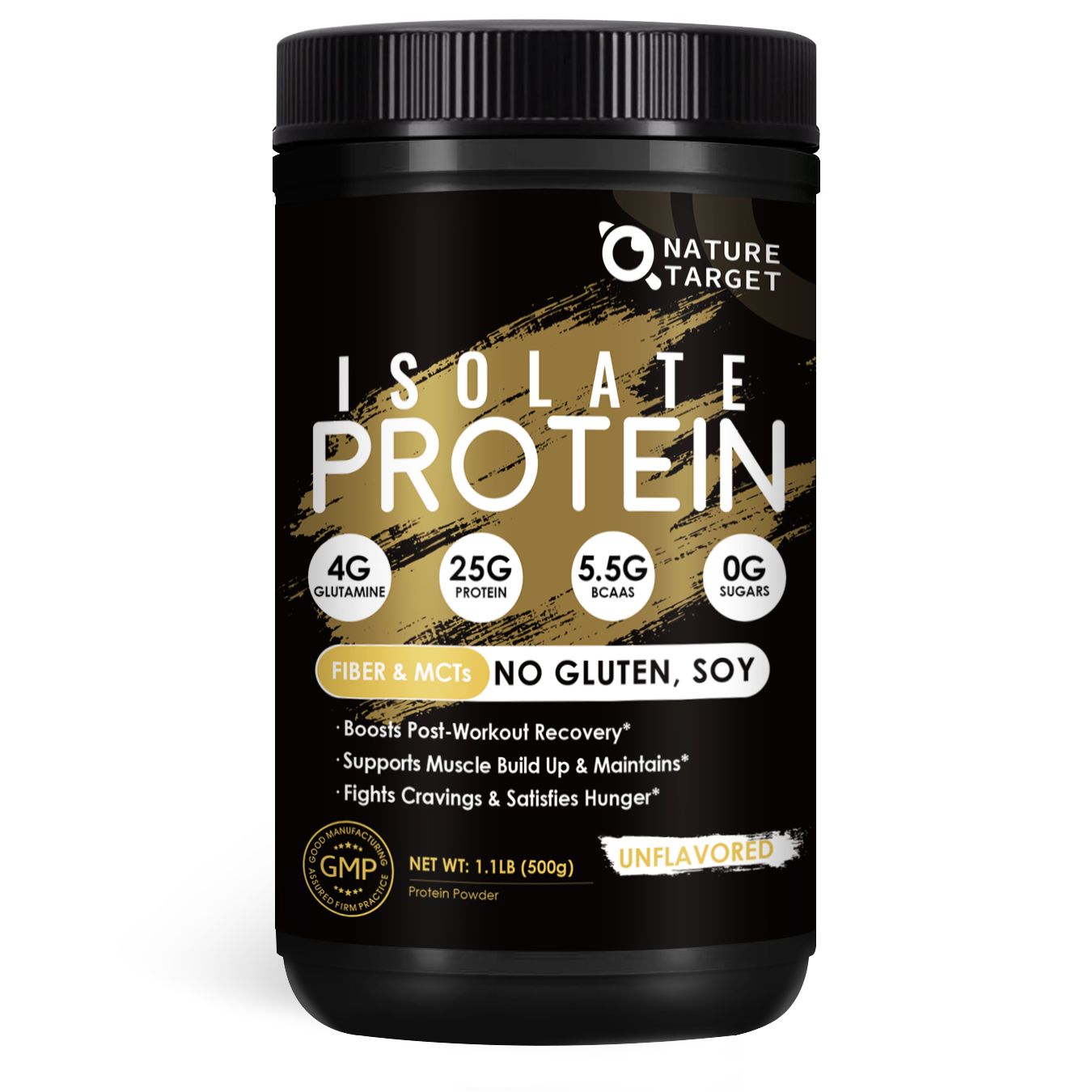 Black container of Nature Target Isolate Protein on a white background