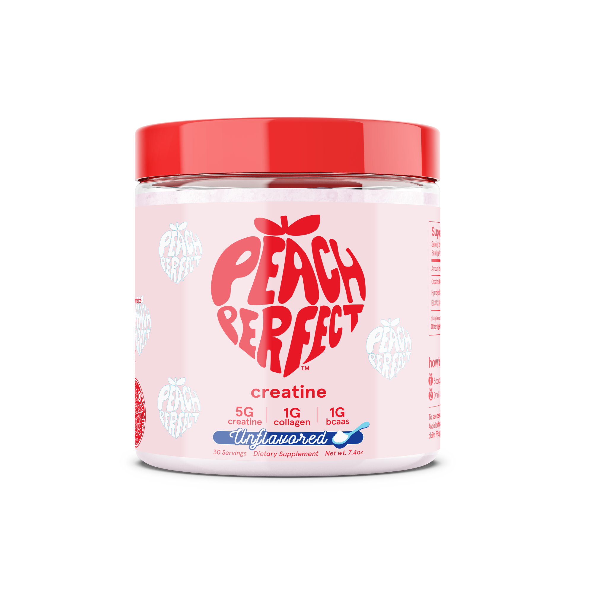 Peach Perfect creatine supplement container with red lid and white body on a white background