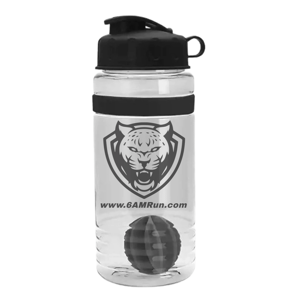 Clear water bottle with black tiger logo and '6AMRun.com' text on a white background