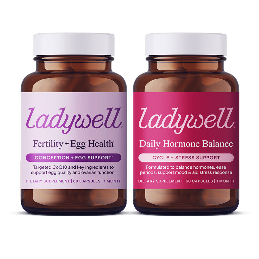 Two bottles of Ladywell supplements on a white background