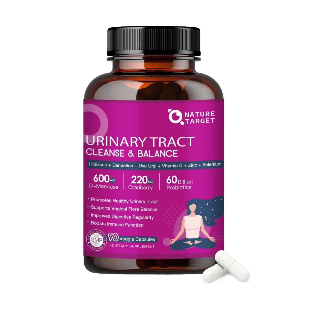 Supplement bottle labeled 'Urinary Tract Cleanse & Balance' by Nature Target on a white background.