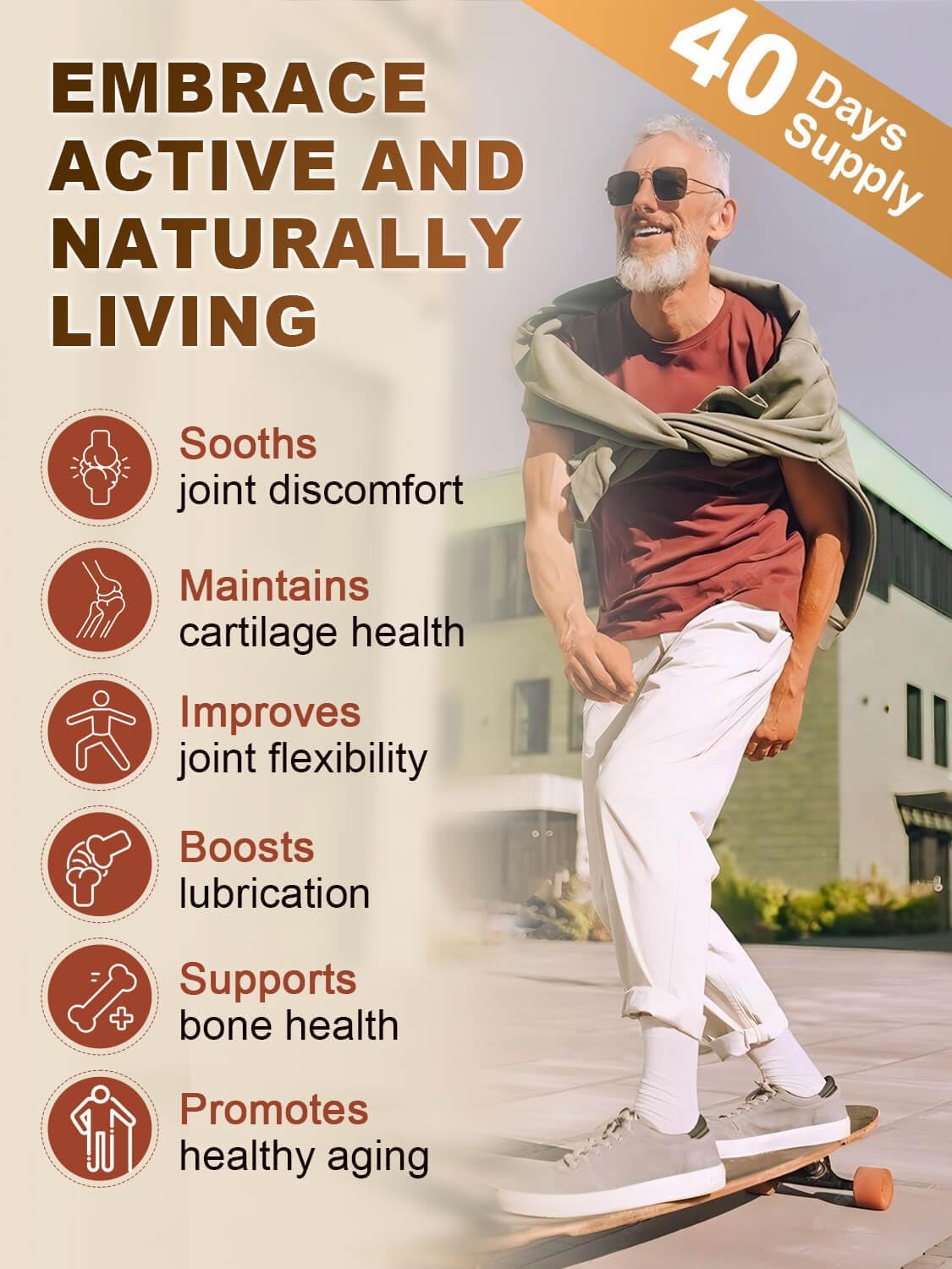 Man skateboarding with health benefits text overlay on a beige background