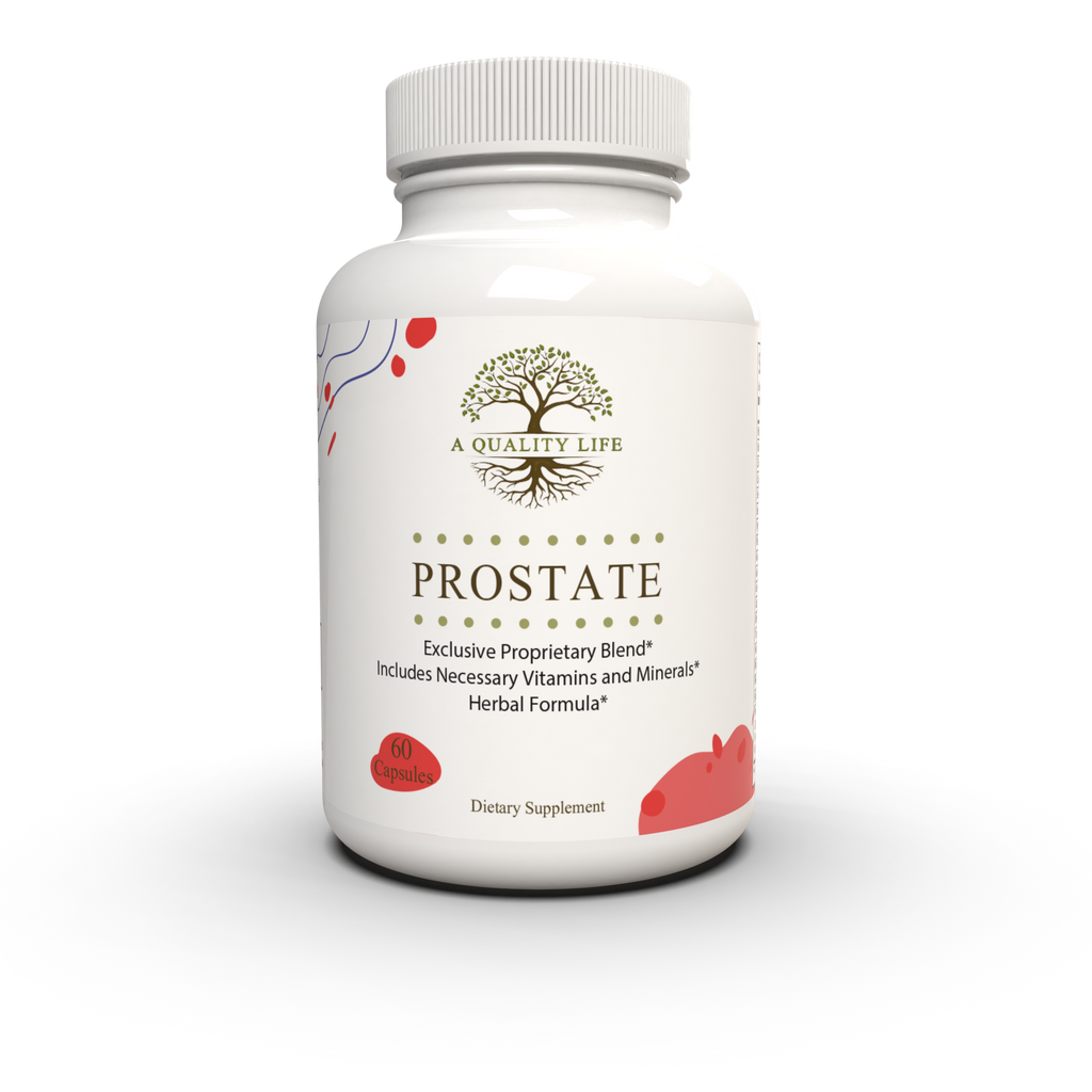 Supplement bottle labeled 'Prostate' with branding on a white background