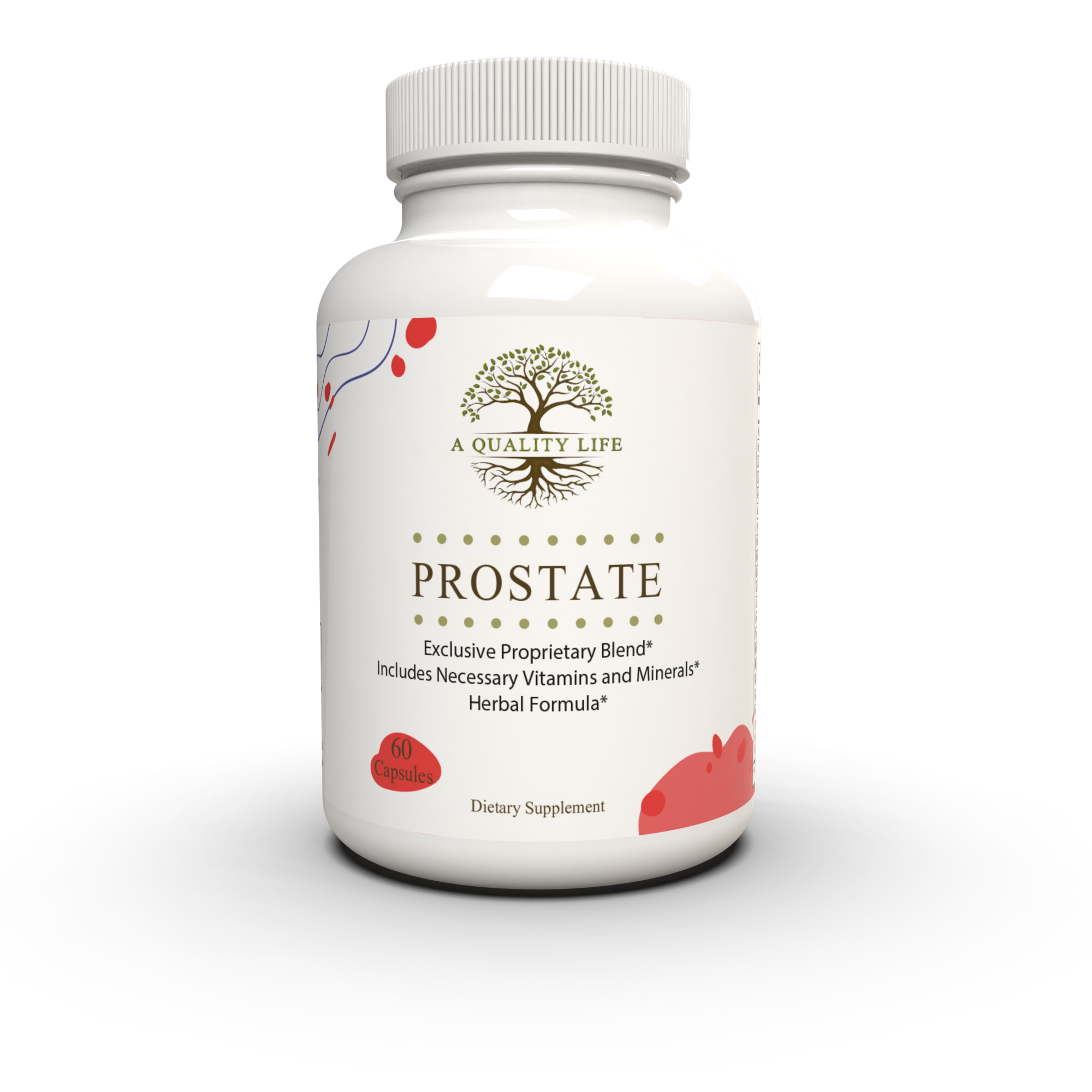 Supplement bottle labeled 'Prostate' with branding on a white background