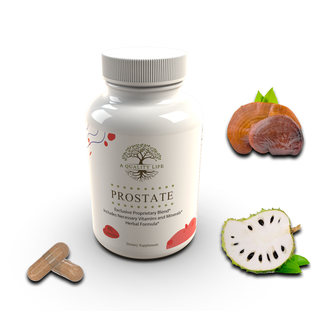 Supplement bottle labeled 'Prostate' with botanical illustrations on a white background