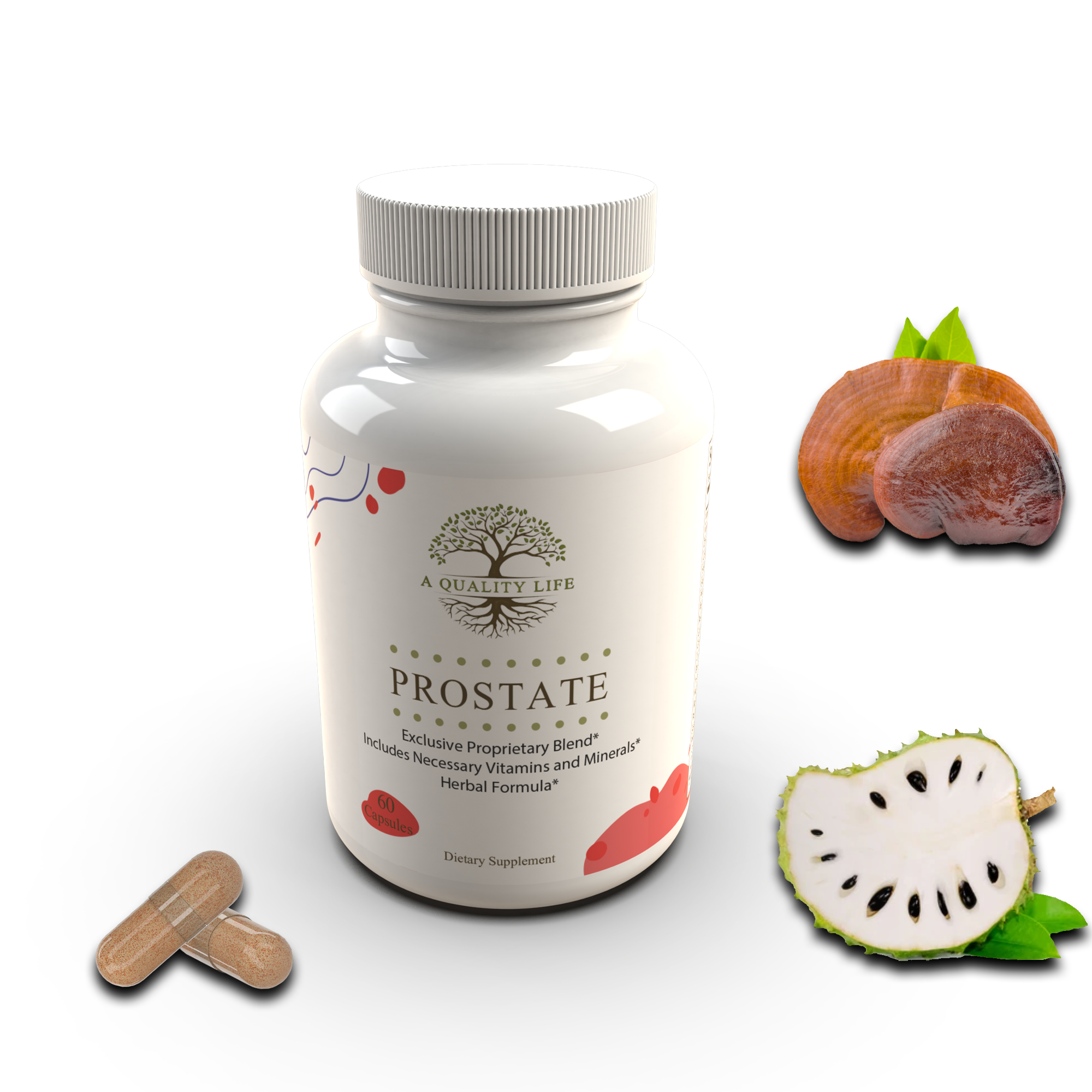 Supplement bottle labeled 'Prostate' with botanical illustrations on a white background
