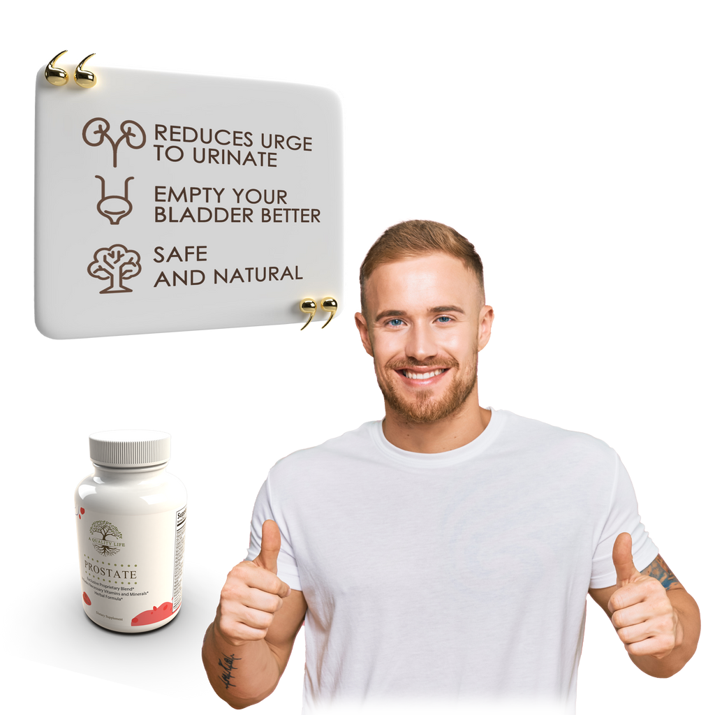 Man giving thumbs up with a product and packaging on a white background