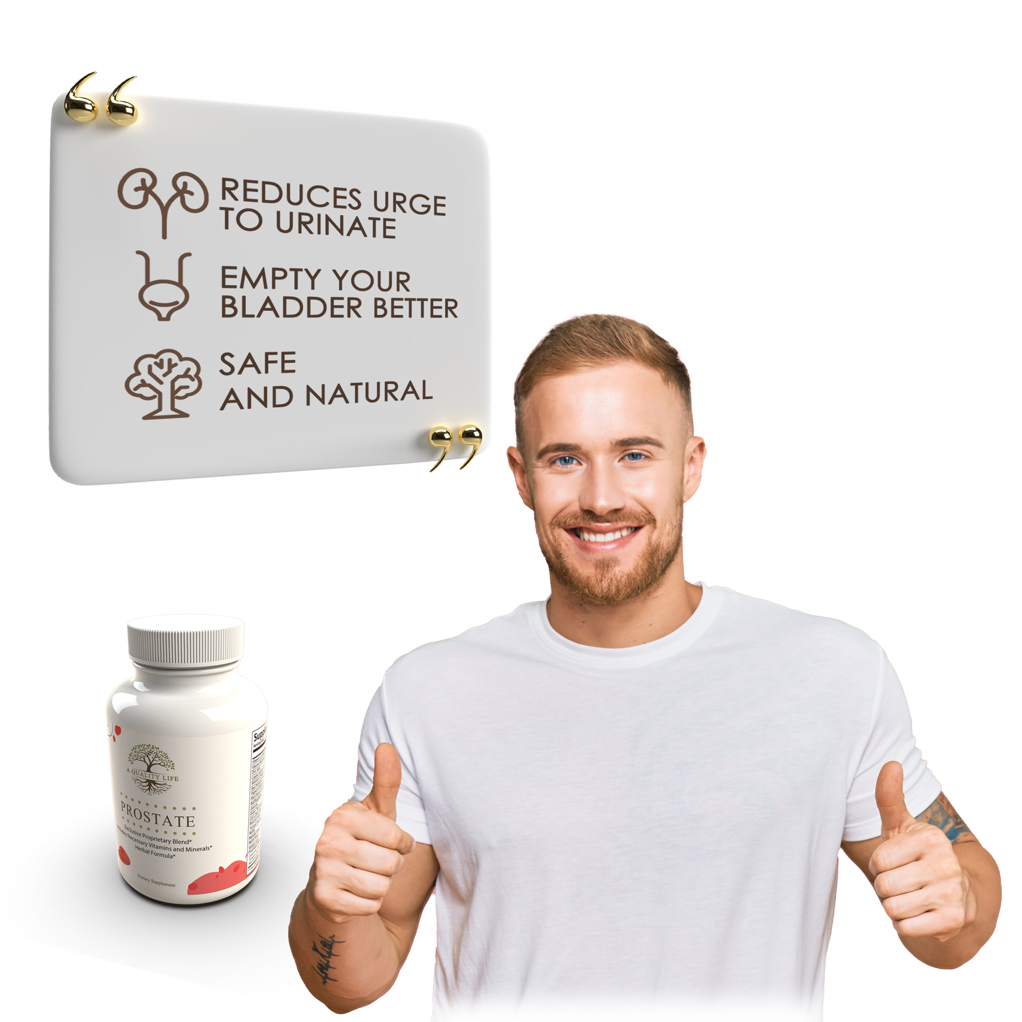 Man giving thumbs up with a product and packaging on a white background