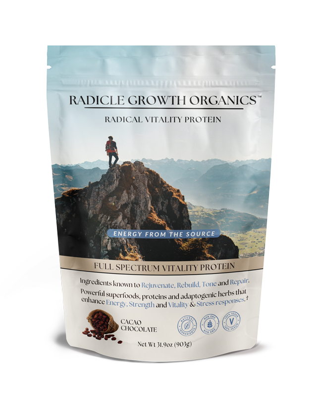 Radicle Growth Organics protein package with a mountain scene on the label