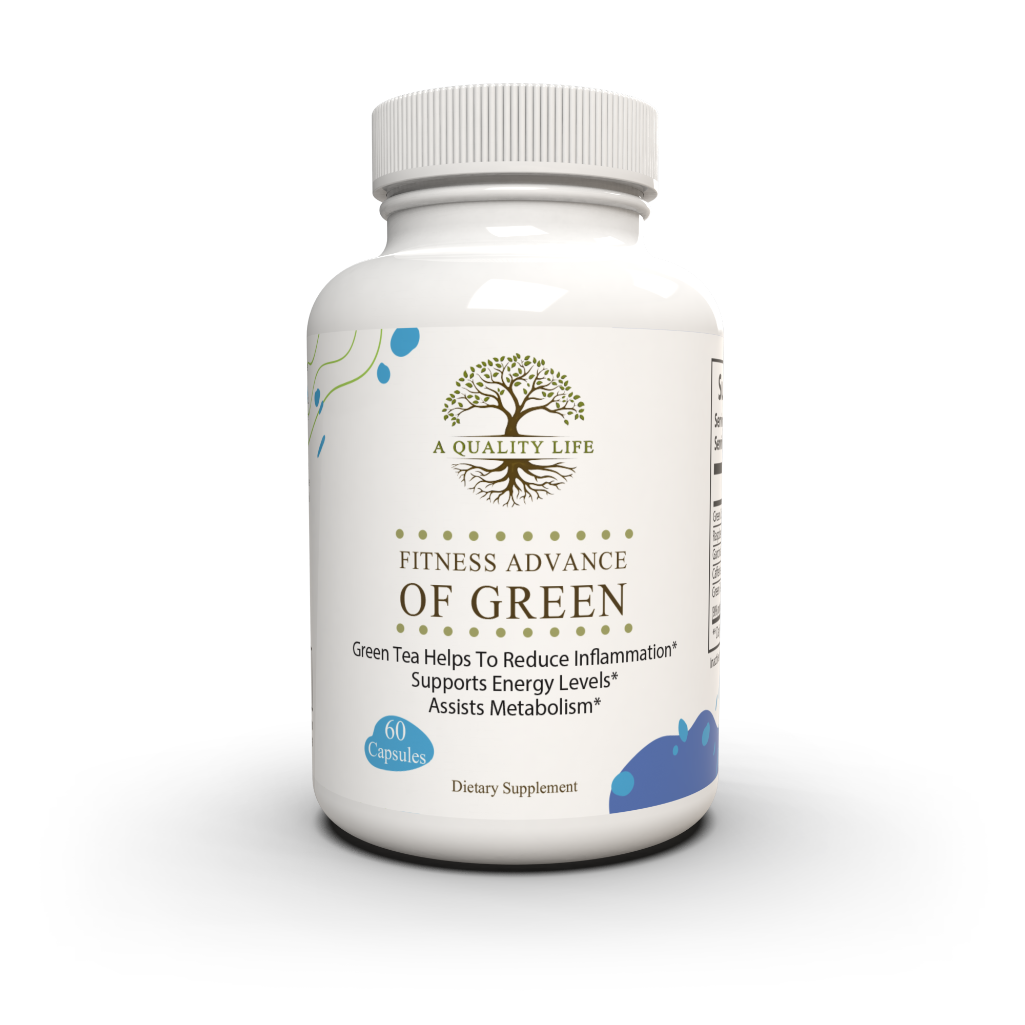 Supplement bottle labeled 'Fitness Advance of Green' on a white background