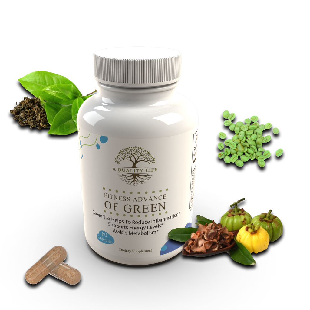 Supplement bottle labeled 'Fitness Advance of Green' with green leaves and herbs on a white background