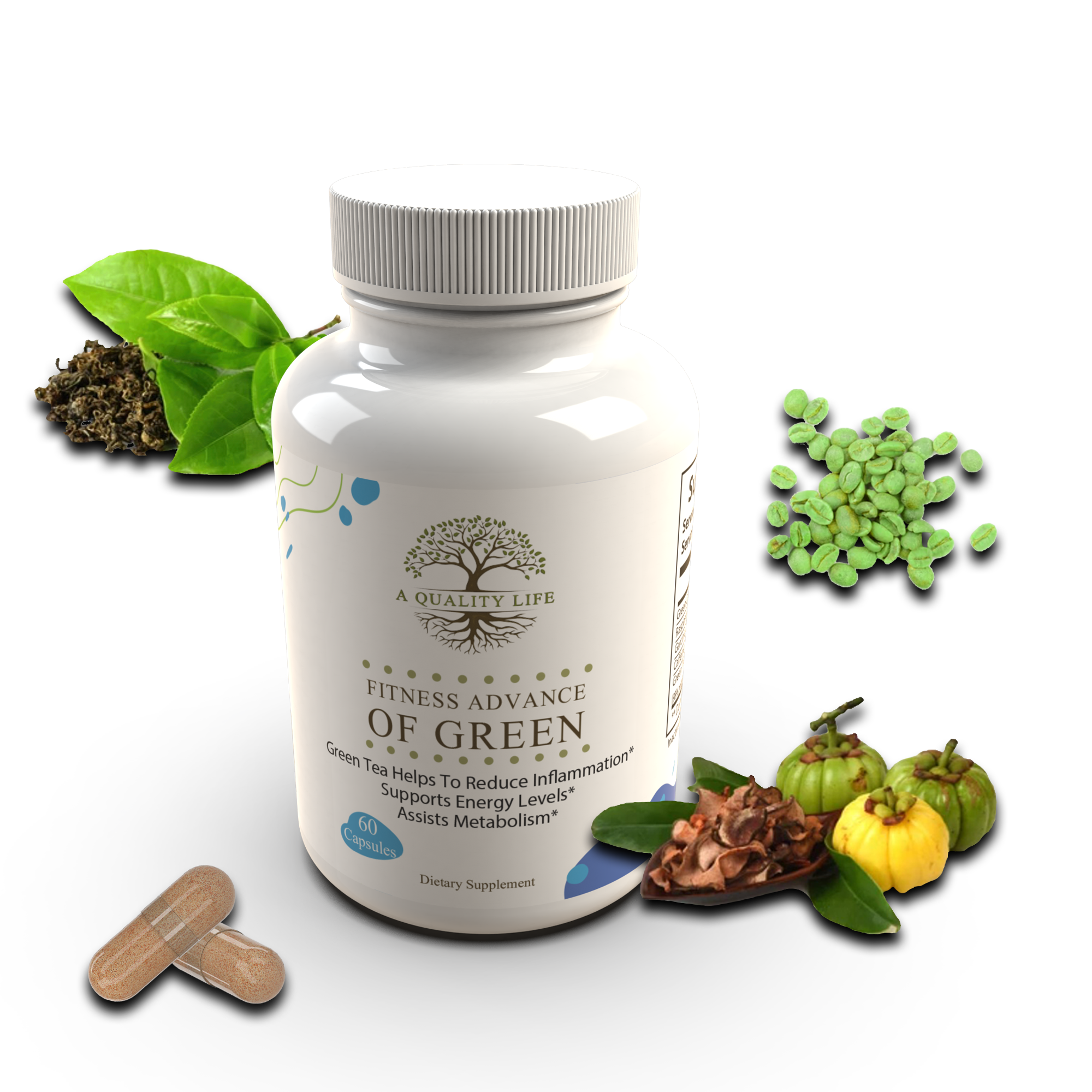 Supplement bottle labeled 'Fitness Advance of Green' with green leaves and herbs on a white background