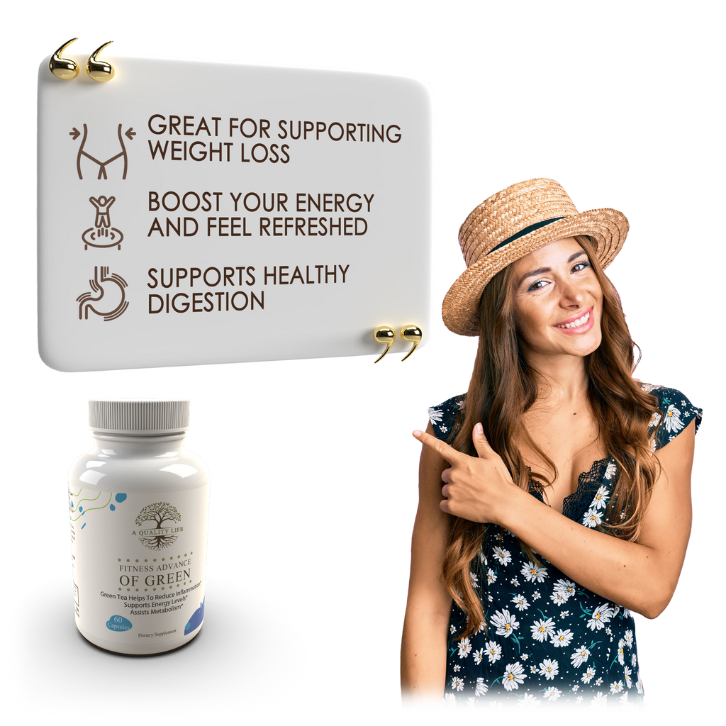 Woman pointing to a bottle of supplements with text about health benefits on a white background