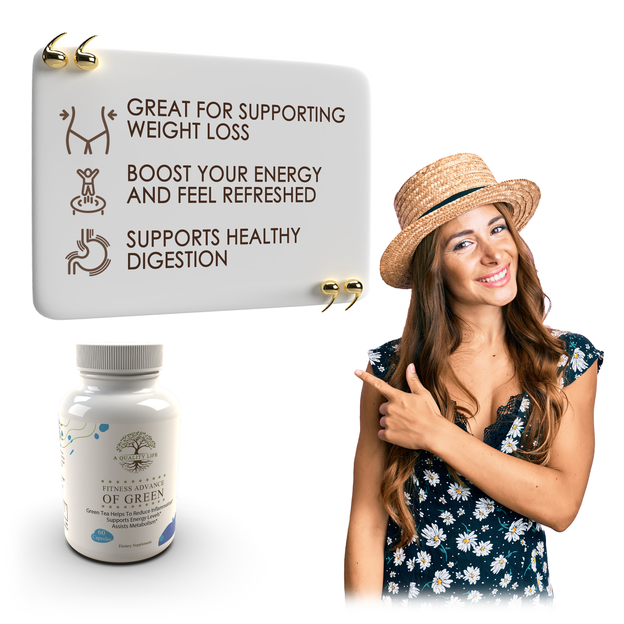 Woman pointing to a bottle of supplements with text about health benefits on a white background