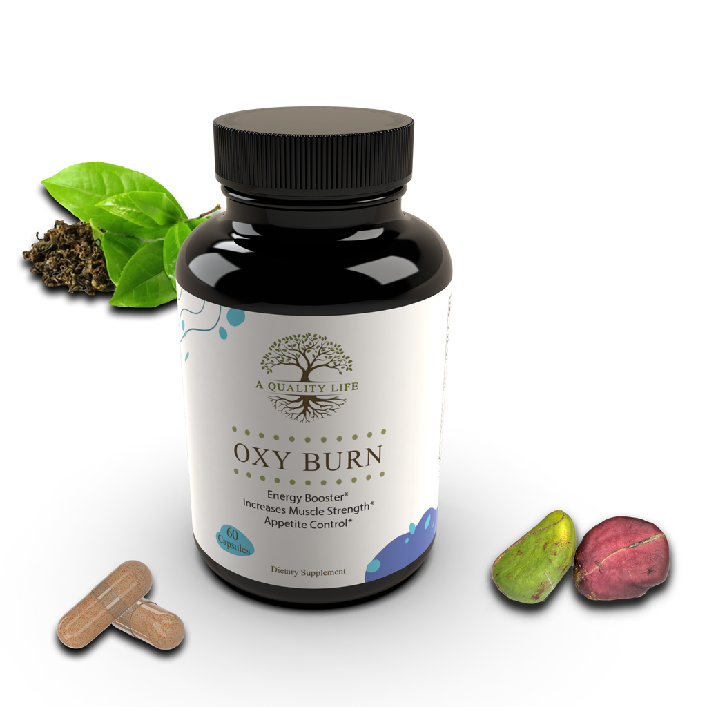 Supplement bottle labeled 'OXY BURN' with leaves and pills on a white background
