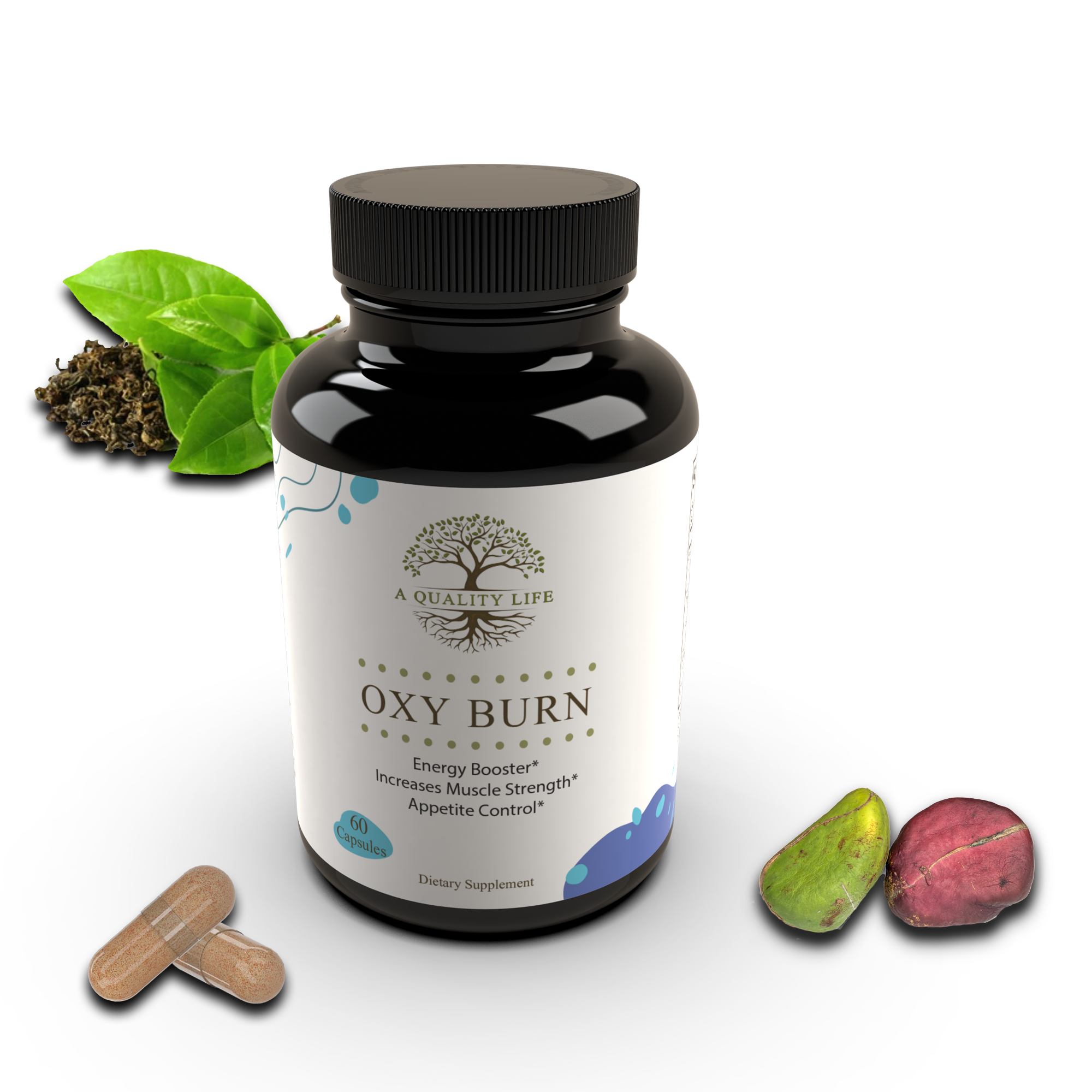 Supplement bottle labeled 'OXY BURN' with leaves and pills on a white background