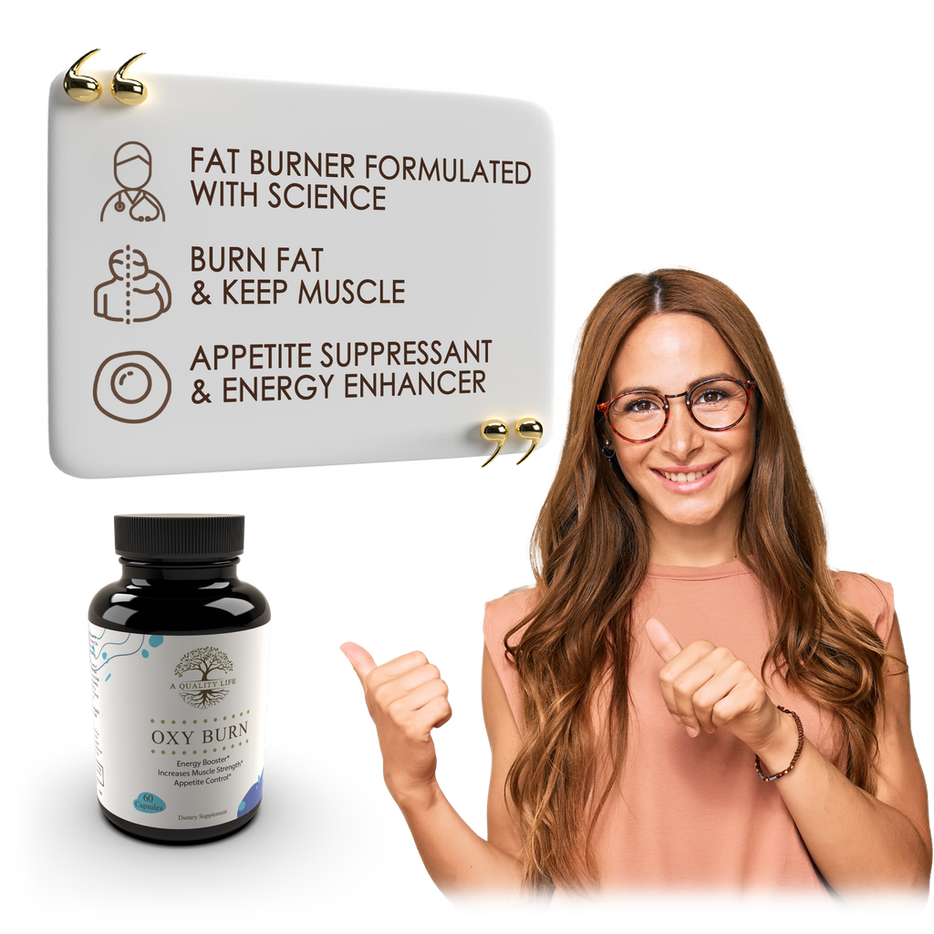 Woman giving a thumbs-up next to a fat burner product with text on a white background