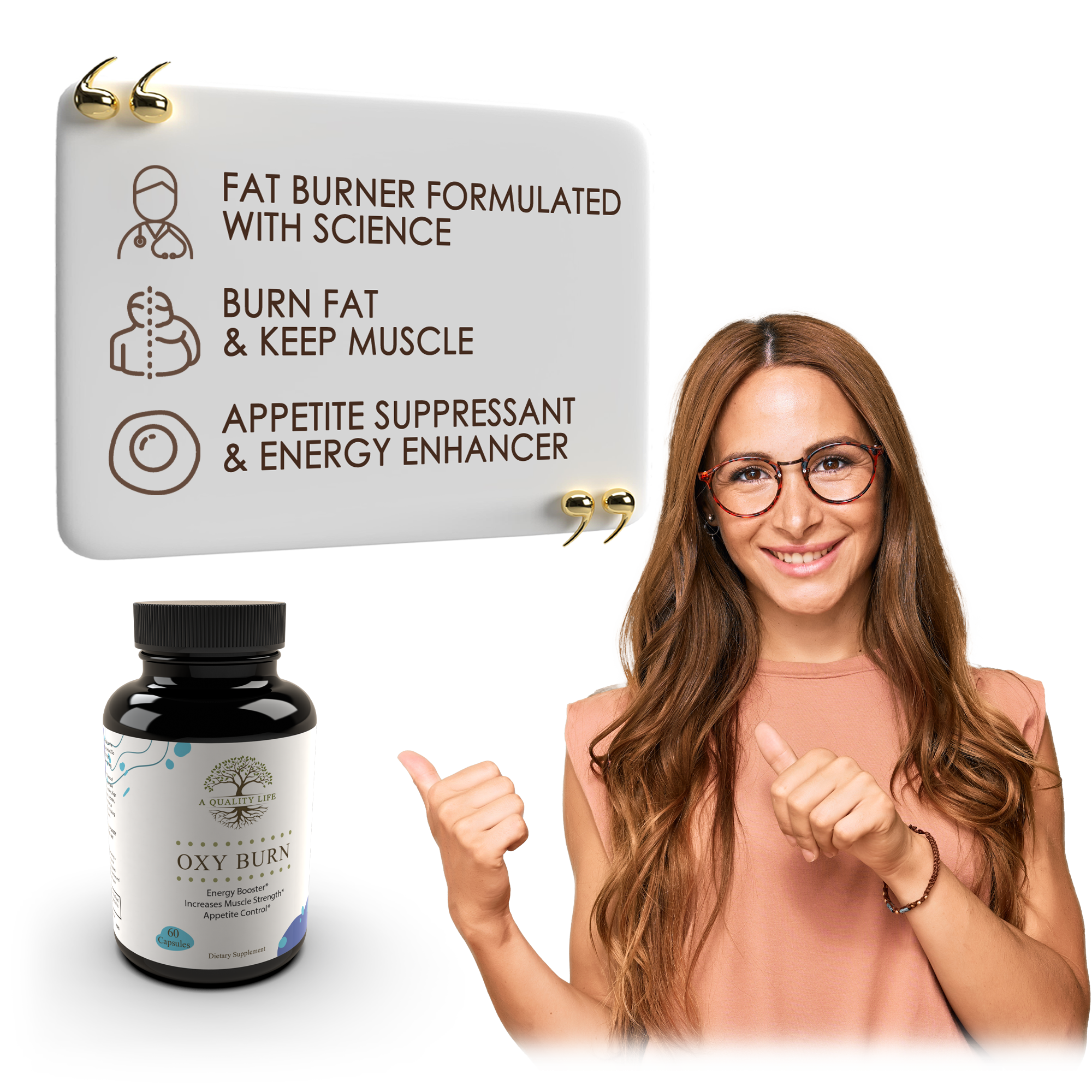 Woman giving a thumbs-up next to a fat burner product with text on a white background