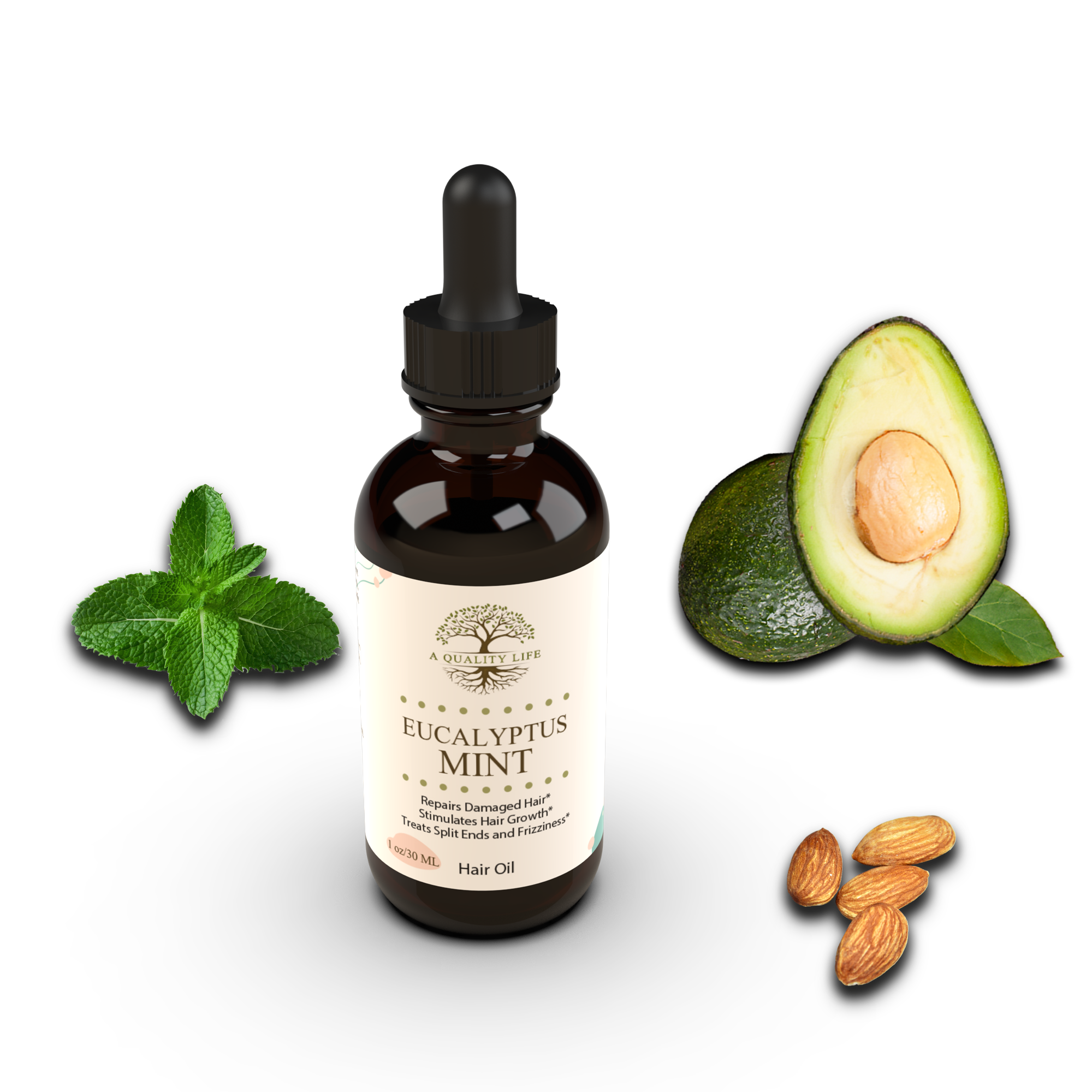 Bottle of Eucalyptus Mint hair oil with avocado, almonds, and mint leaves on a white background