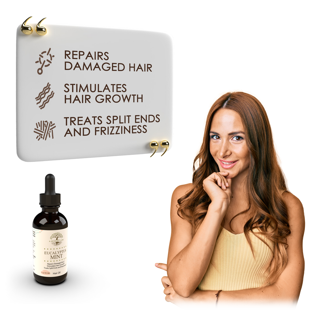 Hair care product with a woman with long hair, text on packaging, and a dropper bottle.