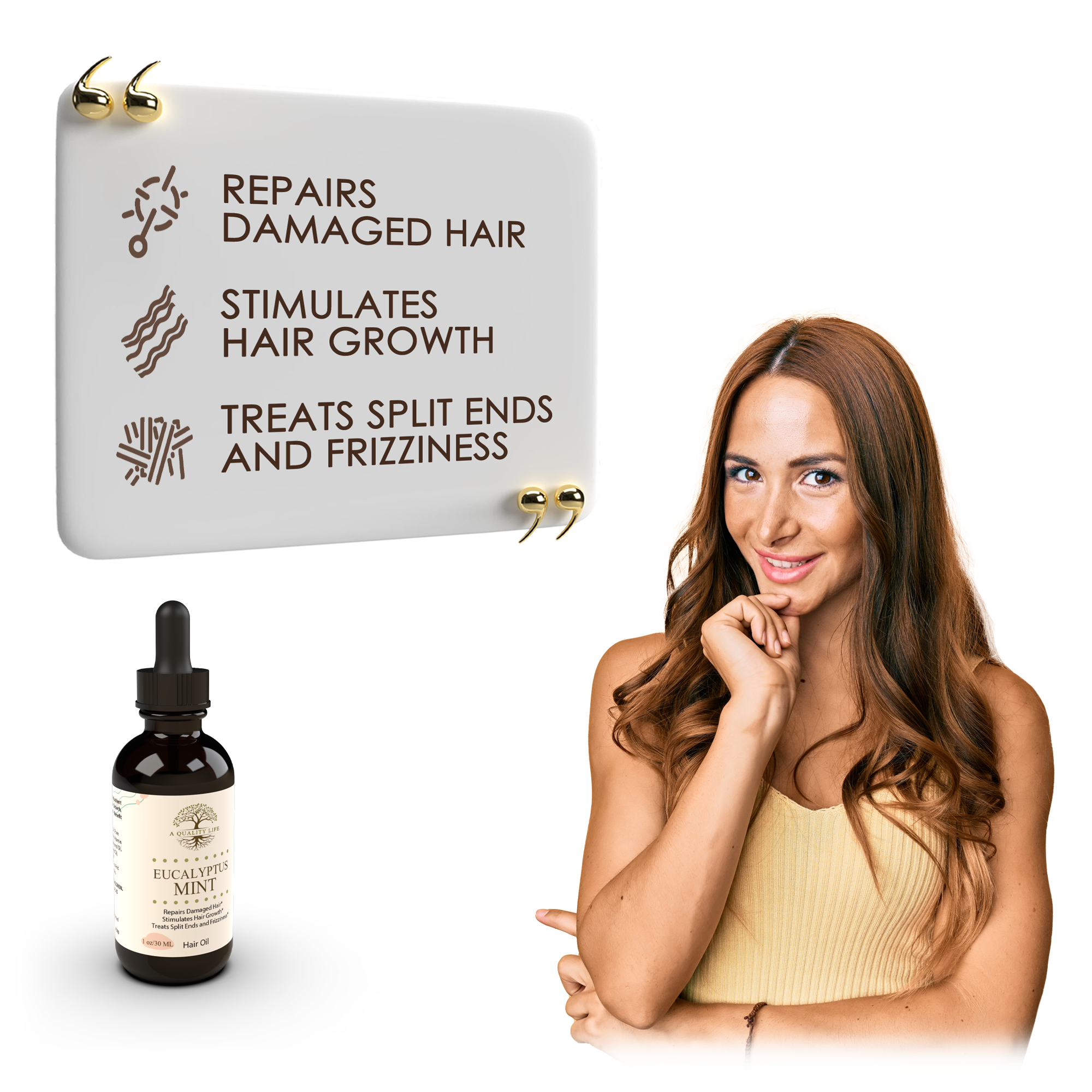 Hair care product with a woman with long hair, text on packaging, and a dropper bottle.