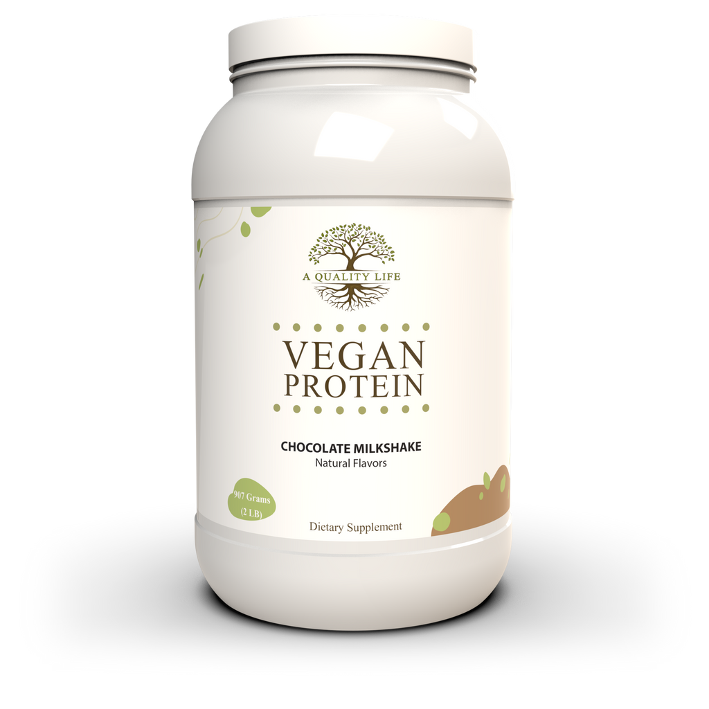 Vegan protein powder container with 'A Quality Life' branding on a white background
