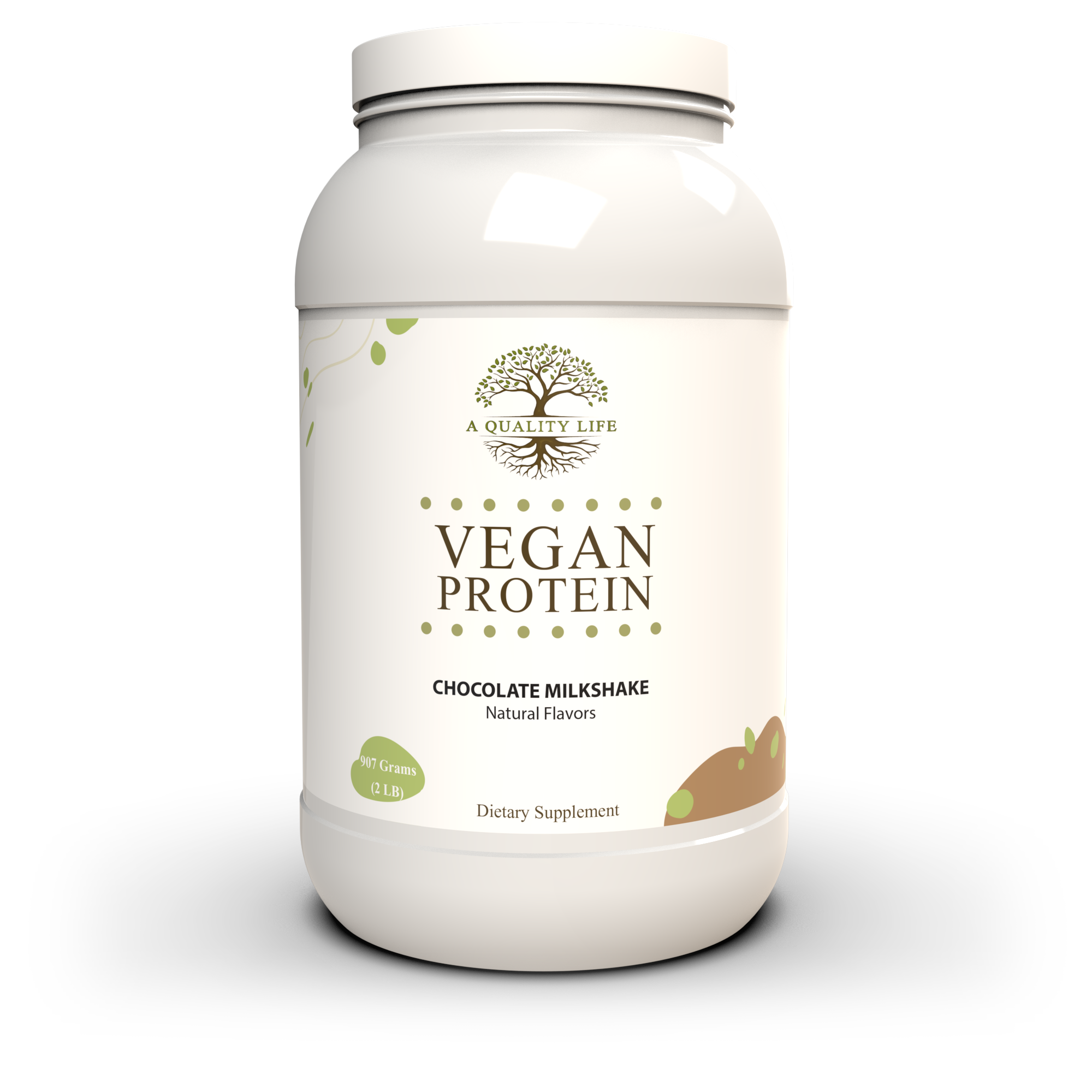 Vegan protein powder container with 'A Quality Life' branding on a white background