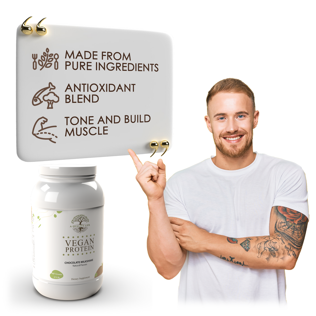 Man pointing to a sign about vegan protein with a protein supplement bottle next to him.