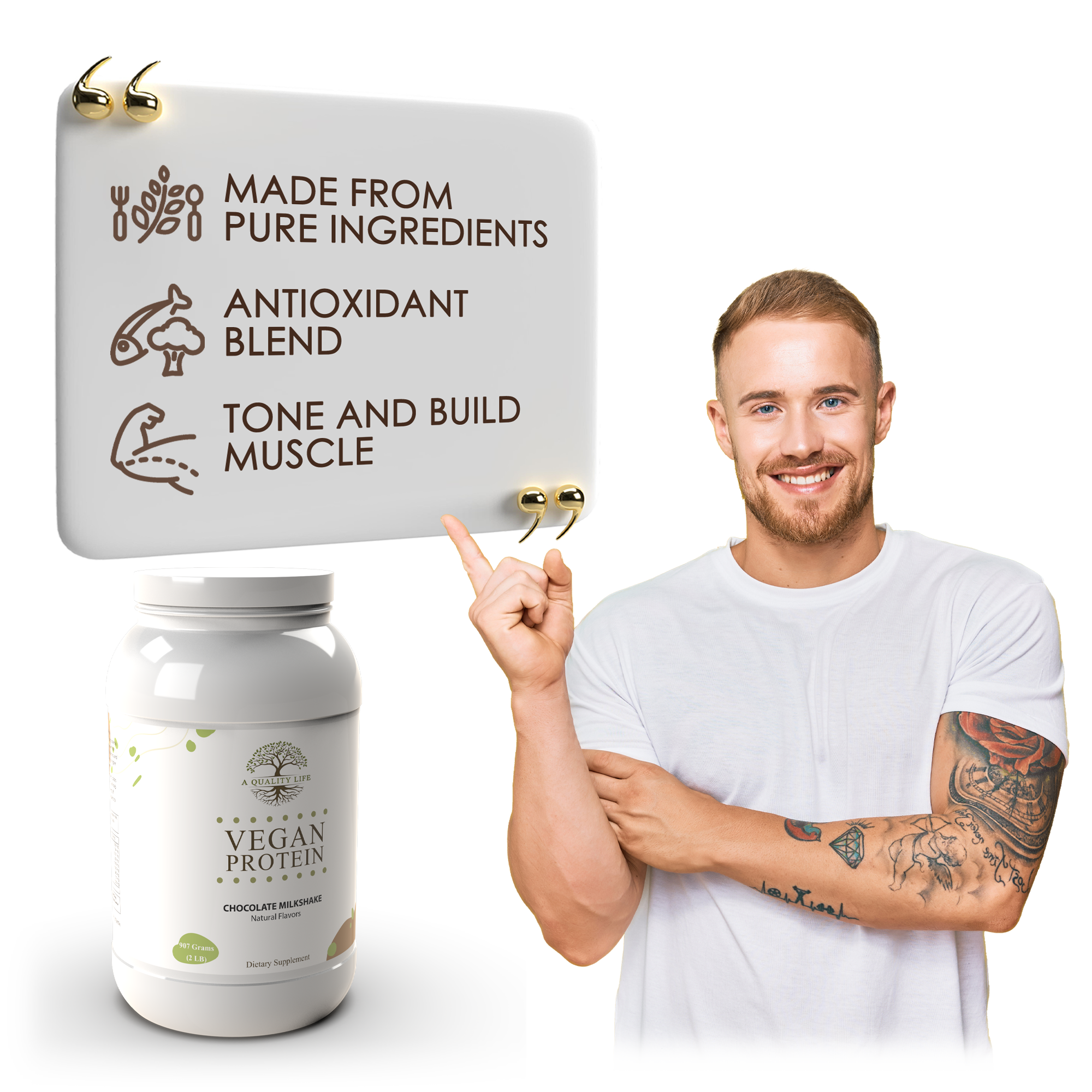 Man pointing to a sign about vegan protein with a protein supplement bottle next to him.
