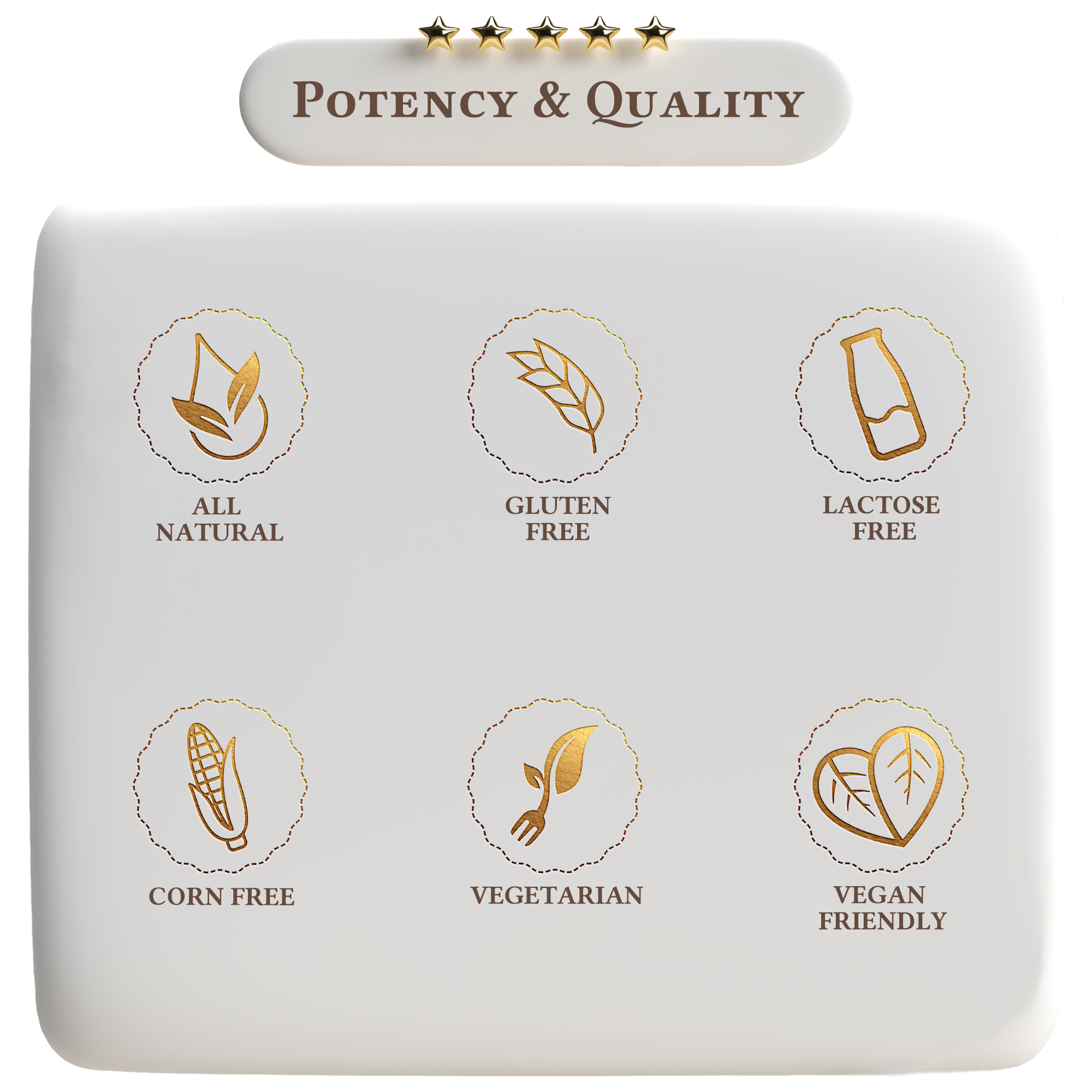 Product packaging with icons and text indicating 'All Natural', 'Gluten Free', 'Lactose Free', 'Corn Free', 'Vegetarian', and 'Vegan Friendly' on a white background.