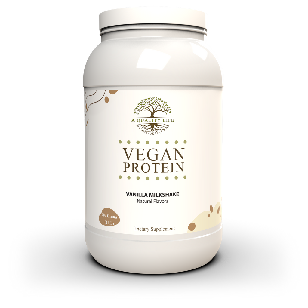 Vegan protein powder container with vanilla milkshake flavor on a white background