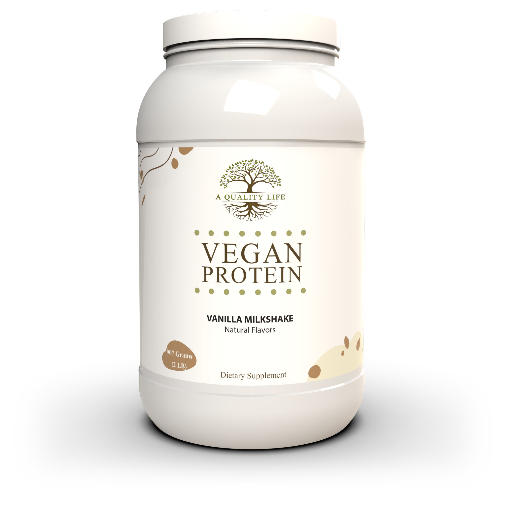 Vegan protein powder container with vanilla milkshake flavor on a white background