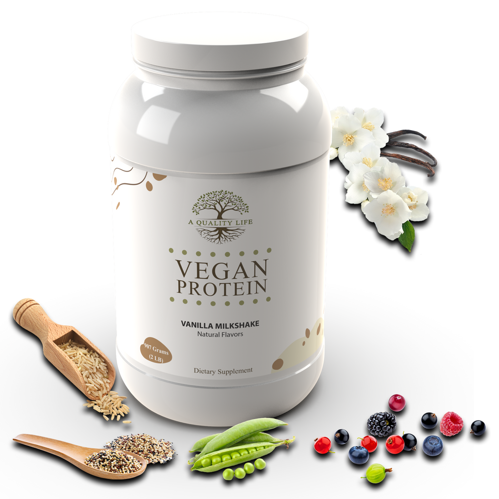 Vegan protein powder container with vanilla milkshake flavor on a white background