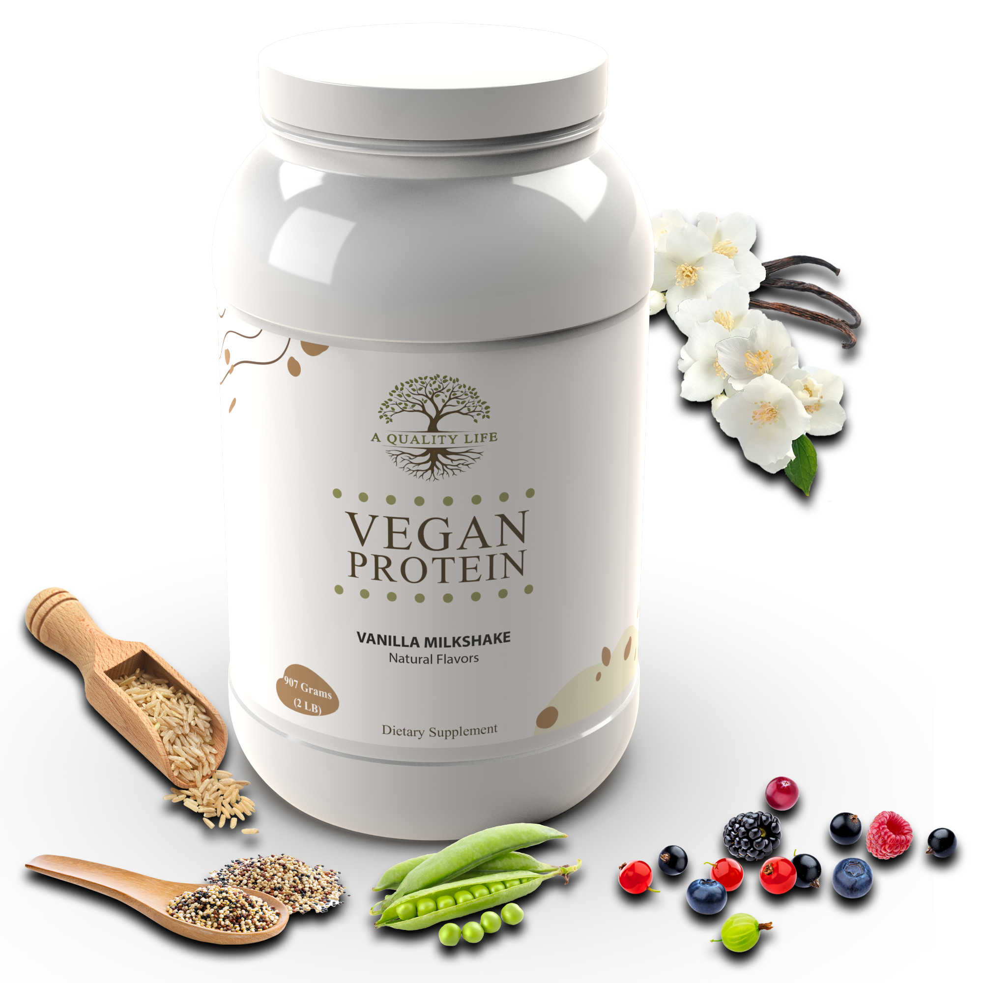Vegan protein powder container with vanilla milkshake flavor on a white background